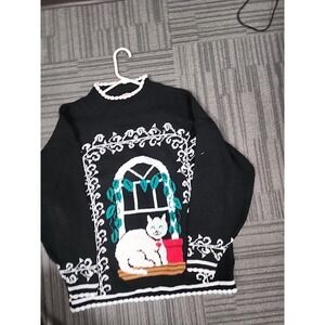 Vintage Spunky Made In USA Cat Print Black Sweater.‎ 100% Acrylic